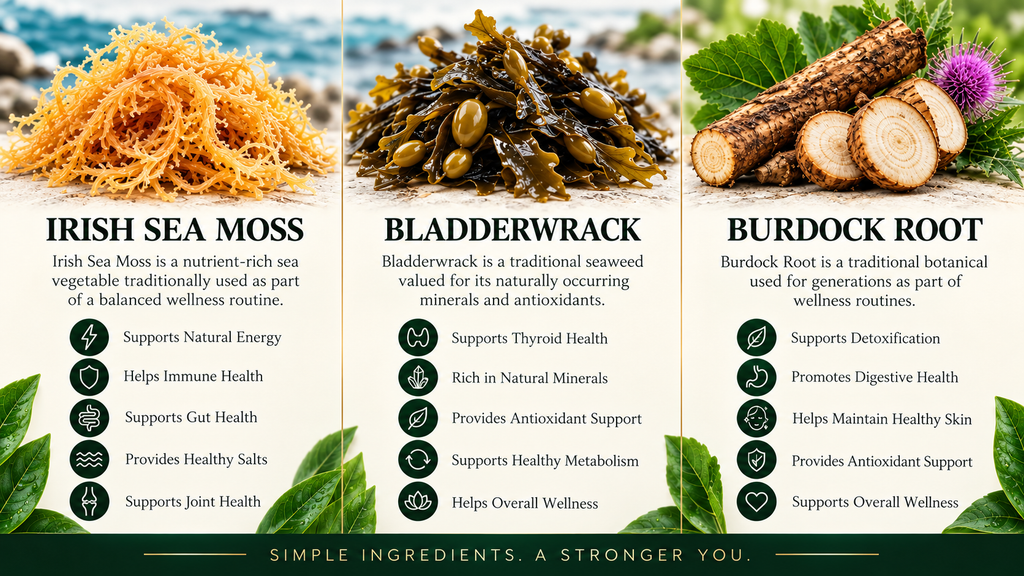 Irish Seamoss, Bladderwrack, and Burdock Root Ingredient Benefits